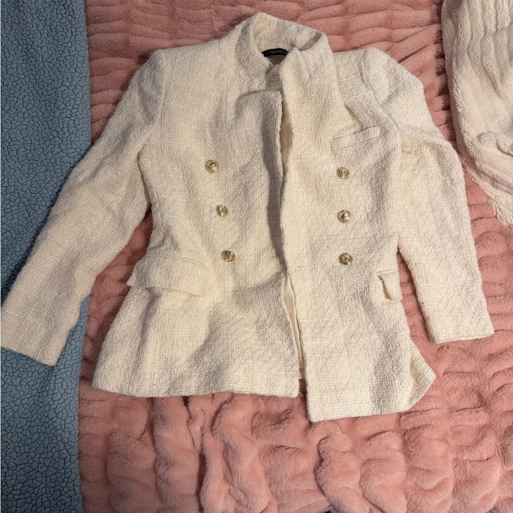 Zara White Tweed Blazer Jacket